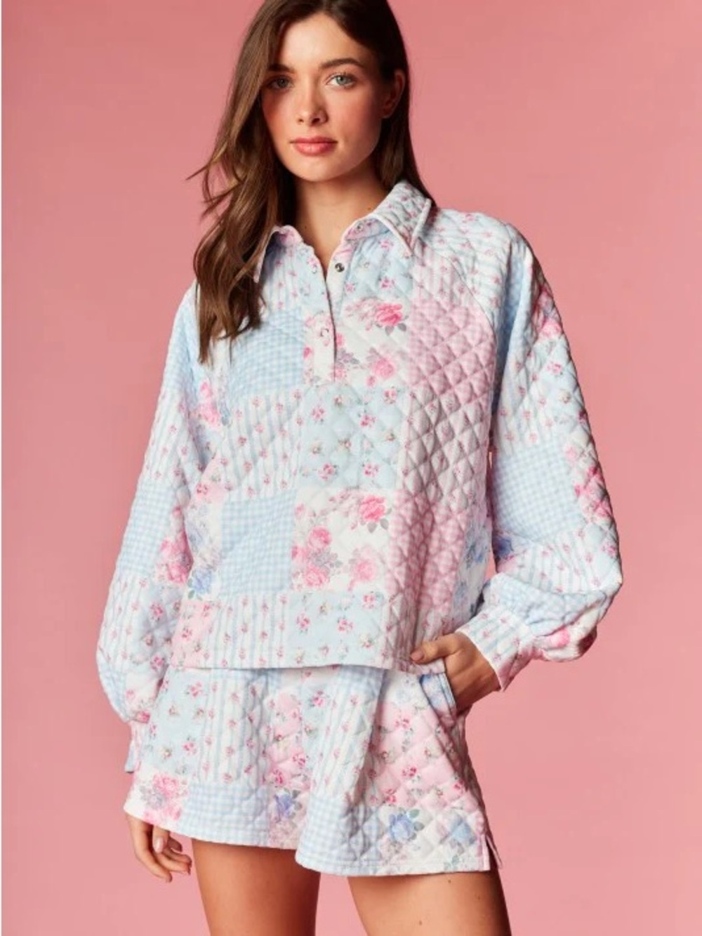 Quilted Floral Patchwork Lounge Set - Pastel Pink & Blue